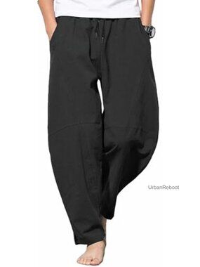 Men's Cotton Linen Casual Pants Elastic Waist Drawstring Lightweight Summer